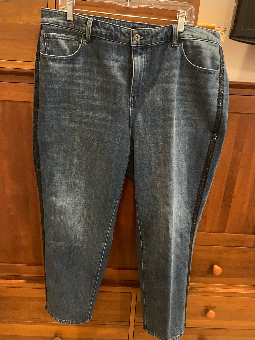 Women’s Dark Blue Jeans with Navy Sequin Side Stripe